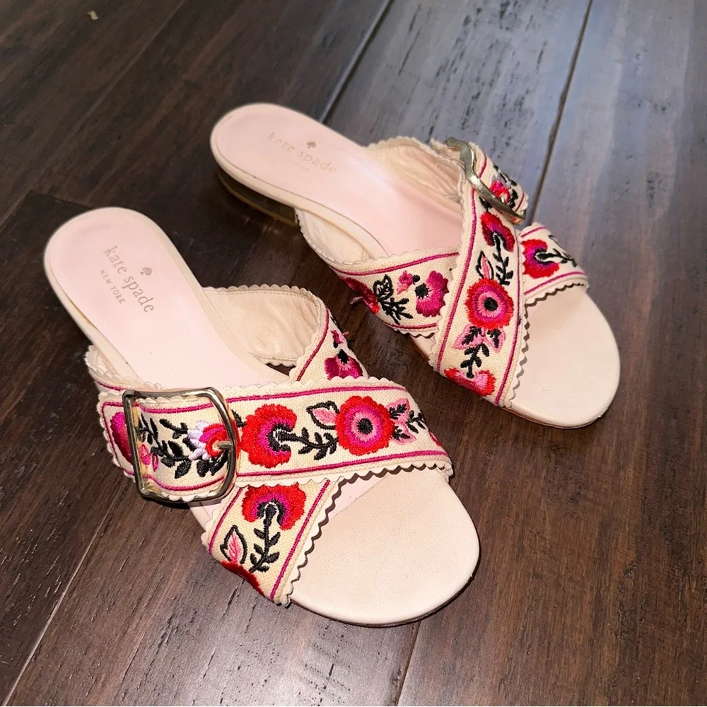 Kate Spade Faris Floral Embroidered Slide Sandal Cross Over Strap Buckle Size 7